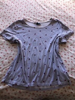 Karen Scott Navy and White Striped Short-Sleeve Top with Red Heart Motif